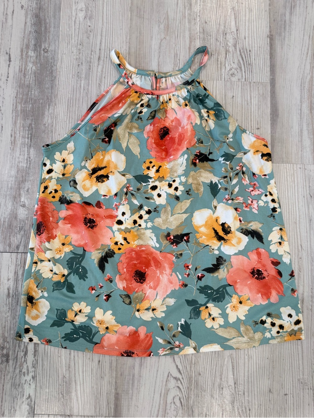 Papermoon Teal Floral Halter Tank with Coral & Yellow Blooms